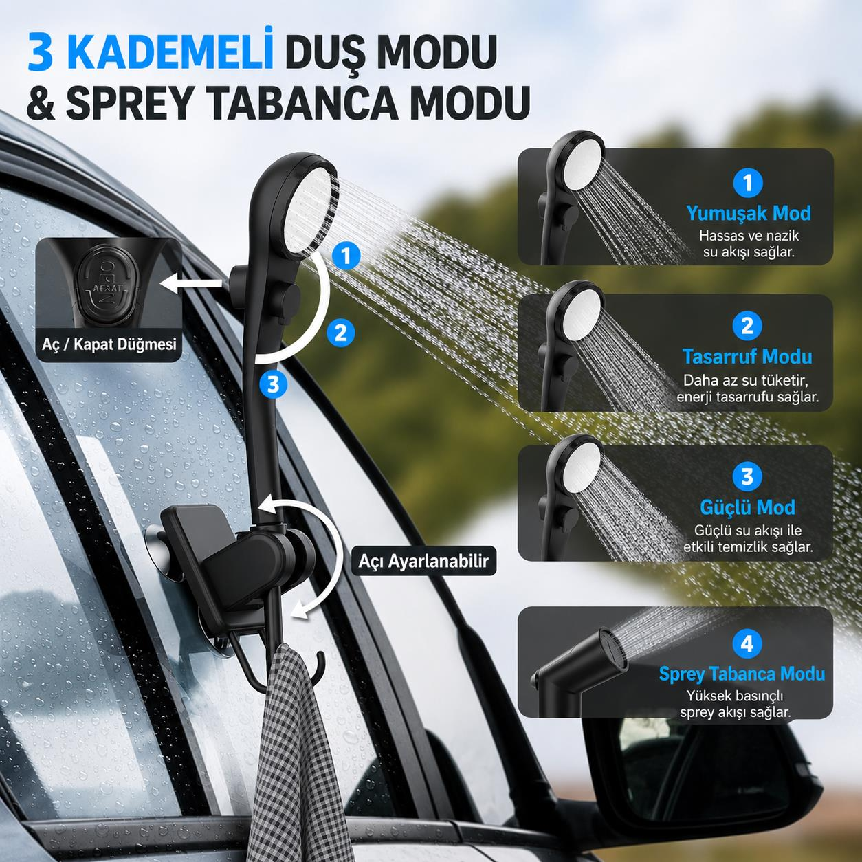 3 modlu duş başlığı ve sprey tabancası modu, vantuzlu montaj, kanca.