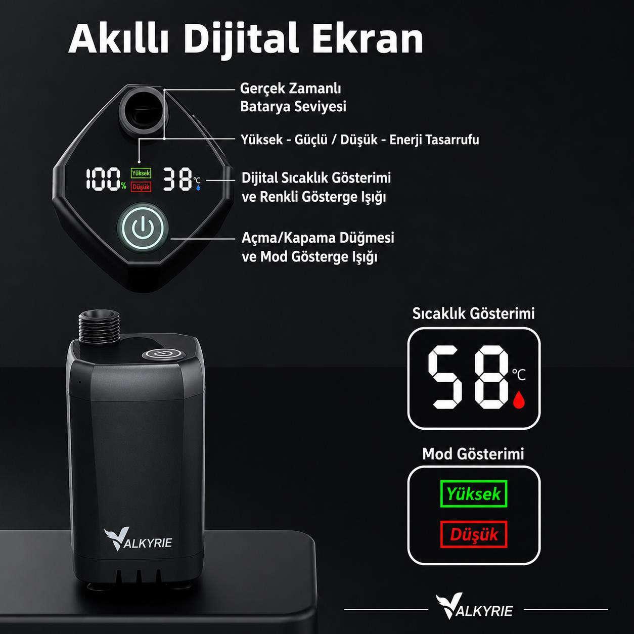 Pil, sıcaklık ve modu gösteren dijital ekrana sahip siyah cihaz.