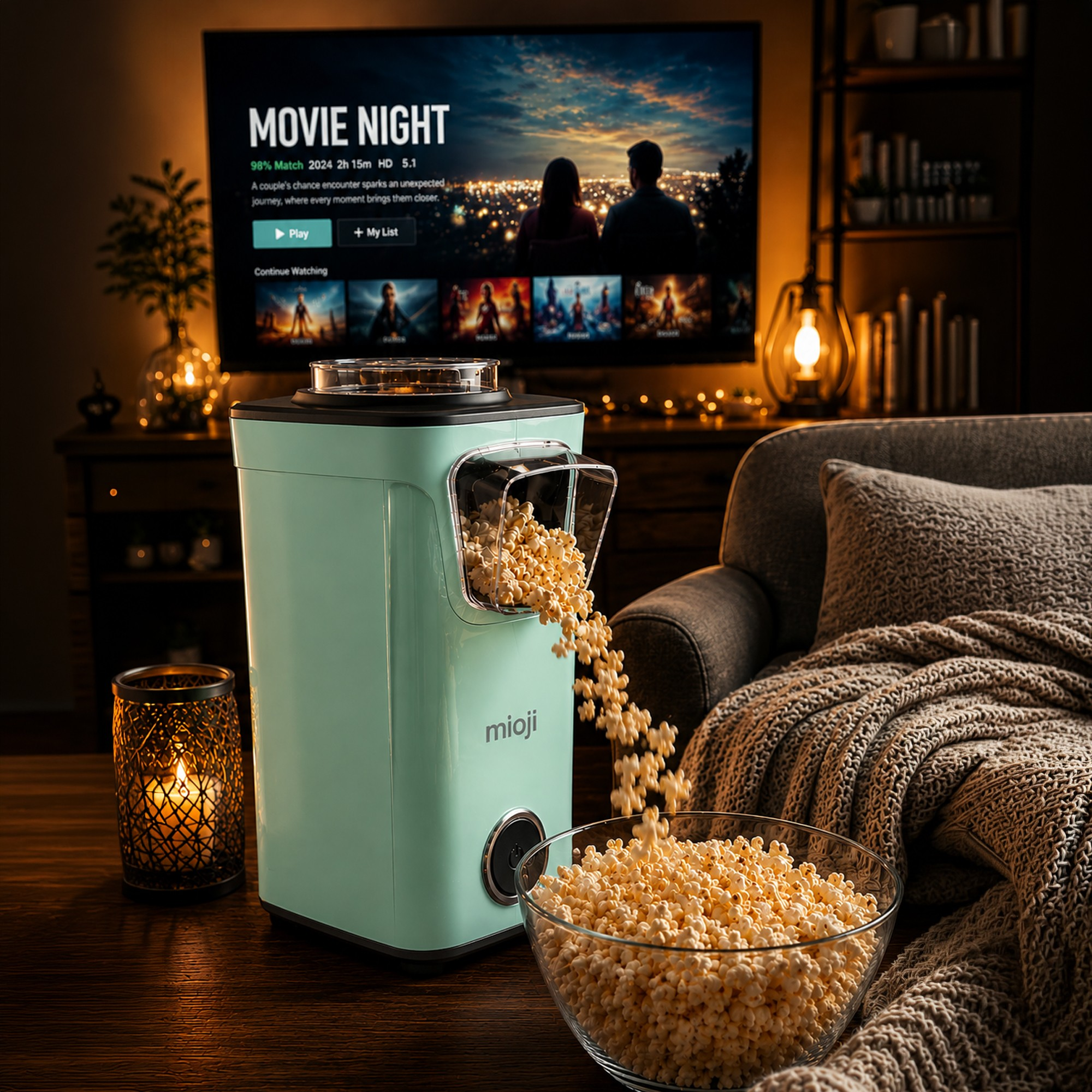 Nane yeşili popcorn makinesi bir kaseye patlamış mısır döküyor.