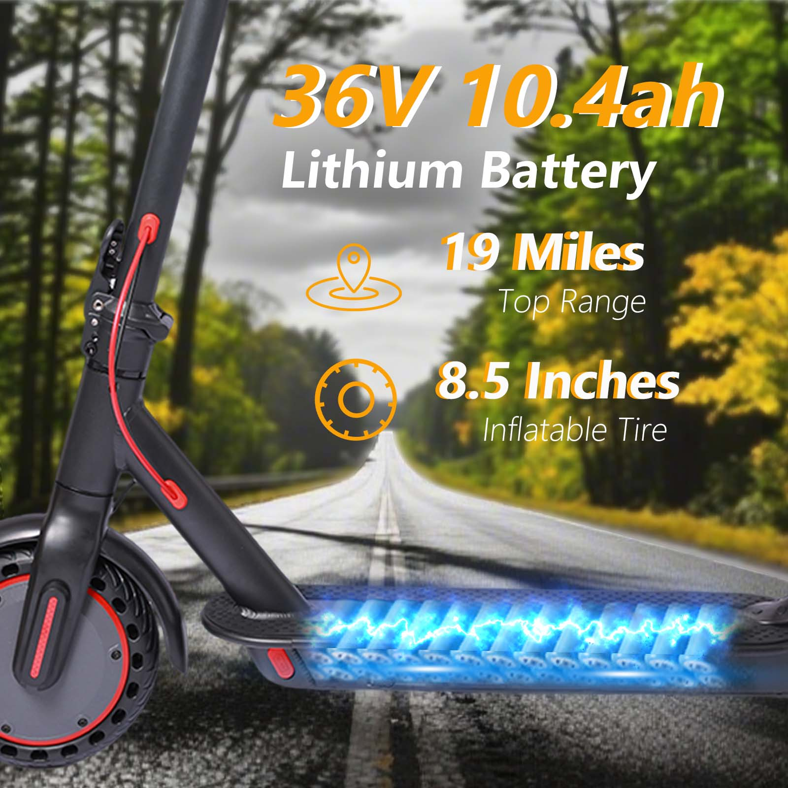 Hulajnoga elektryczna z baterią litową 36V 10.4Ah, zasięg 19 mil, opona 8.5 cala.