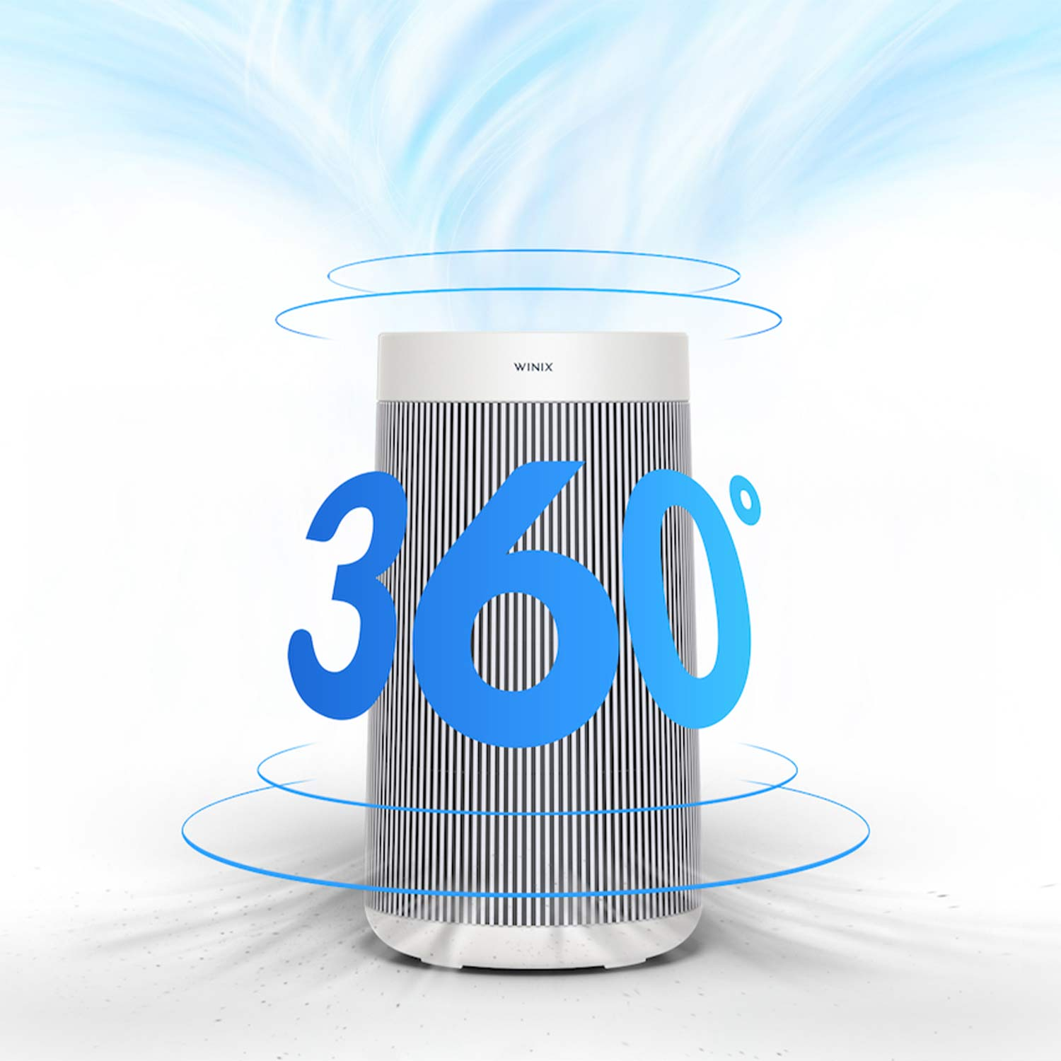 Un purificatore d'aria a strisce bianche e nere con testo blu 360 e grafica del flusso d'aria.