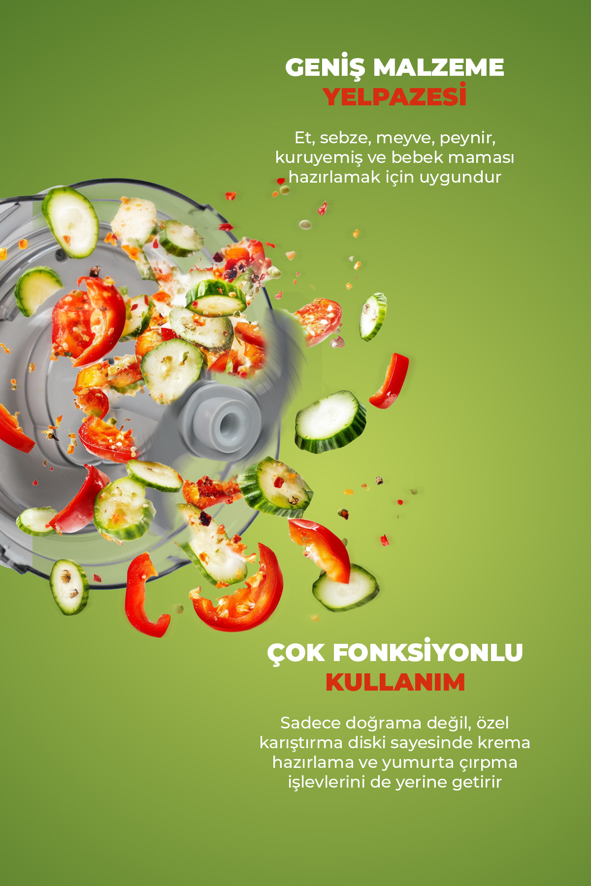 Mutfak robotu domates, salatalık ve biber doğrar. Çok fonksiyonludur.