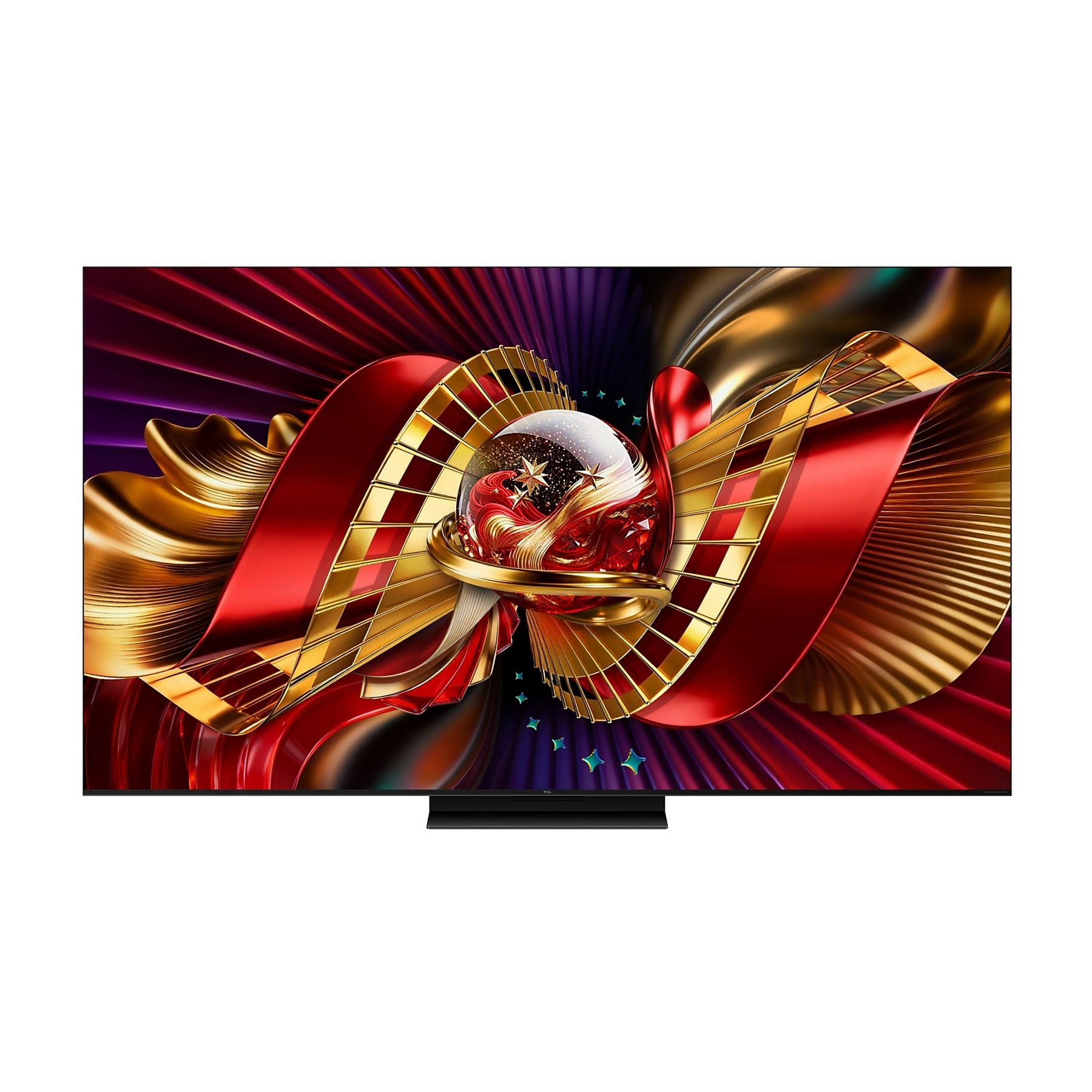 Un televisor moderno muestra una imagen abstracta y festiva de cintas rojas y doradas.