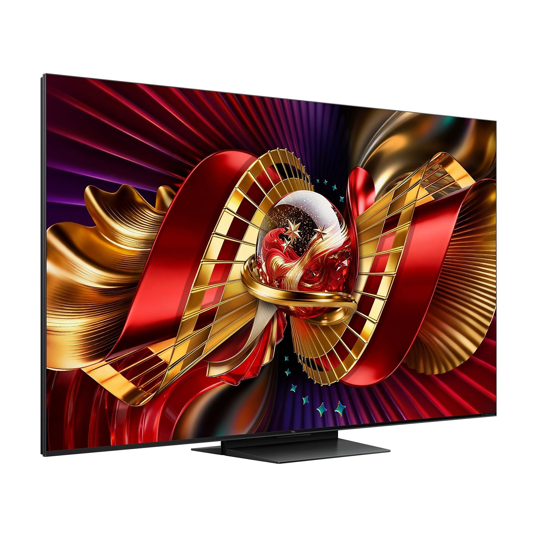 Un televisor moderno muestra una imagen abstracta de cintas rojas y doradas arremolinándose alrededor de un orbe de cristal.