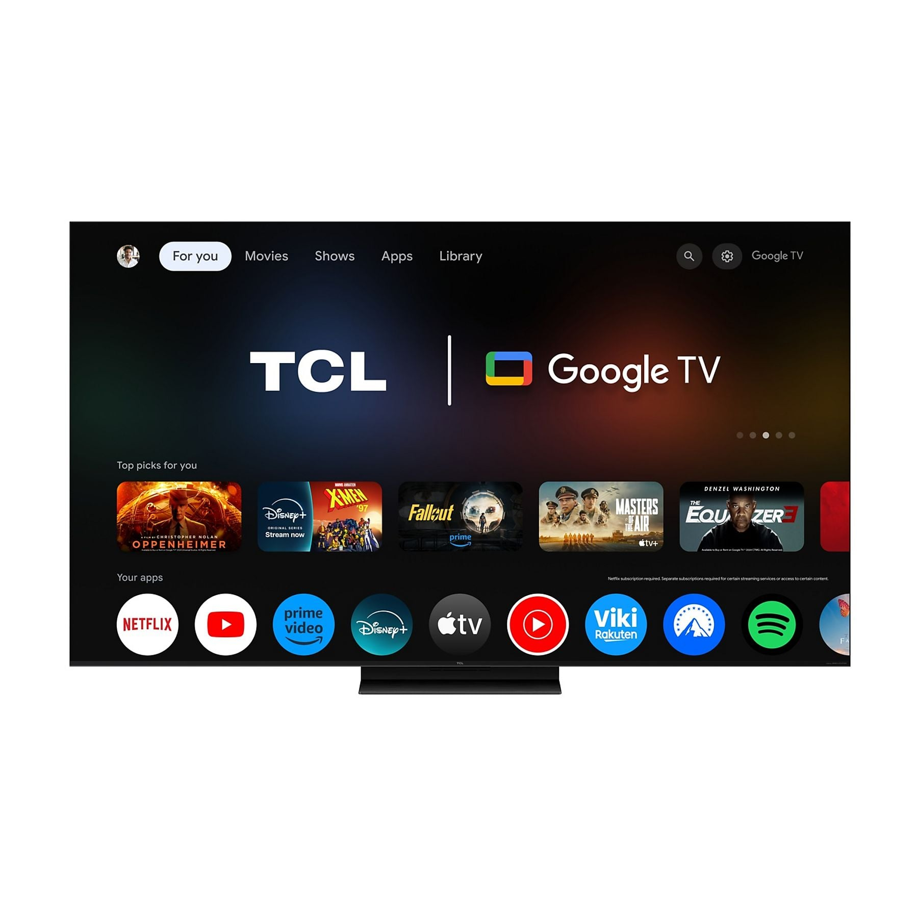 TCL Google TV mostrando apps como Netflix, Prime Video, Disney+, Apple TV y Spotify.