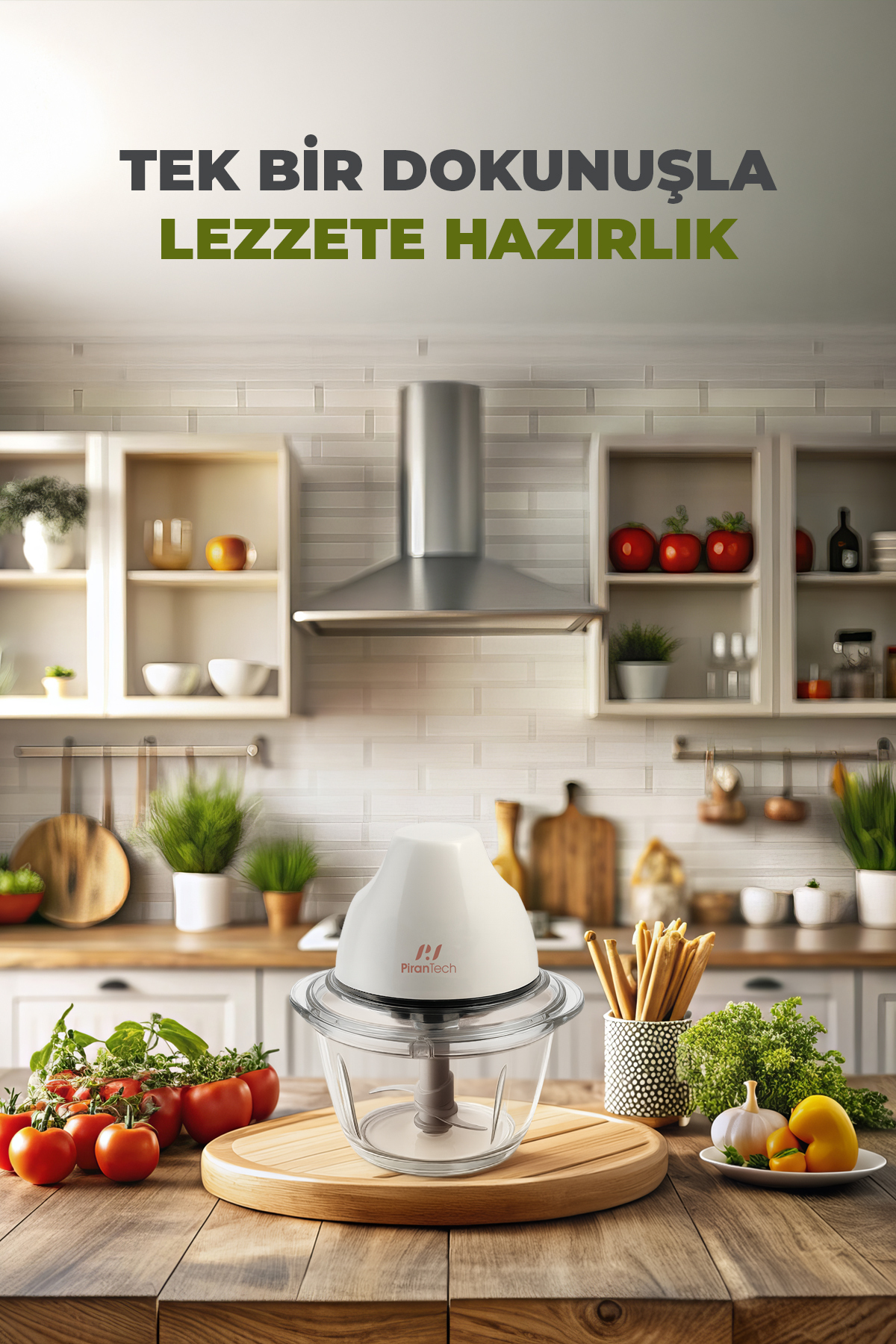 Beyaz bir mutfak robotu, domates ve otlarla ahşap bir masanın üzerinde duruyor.