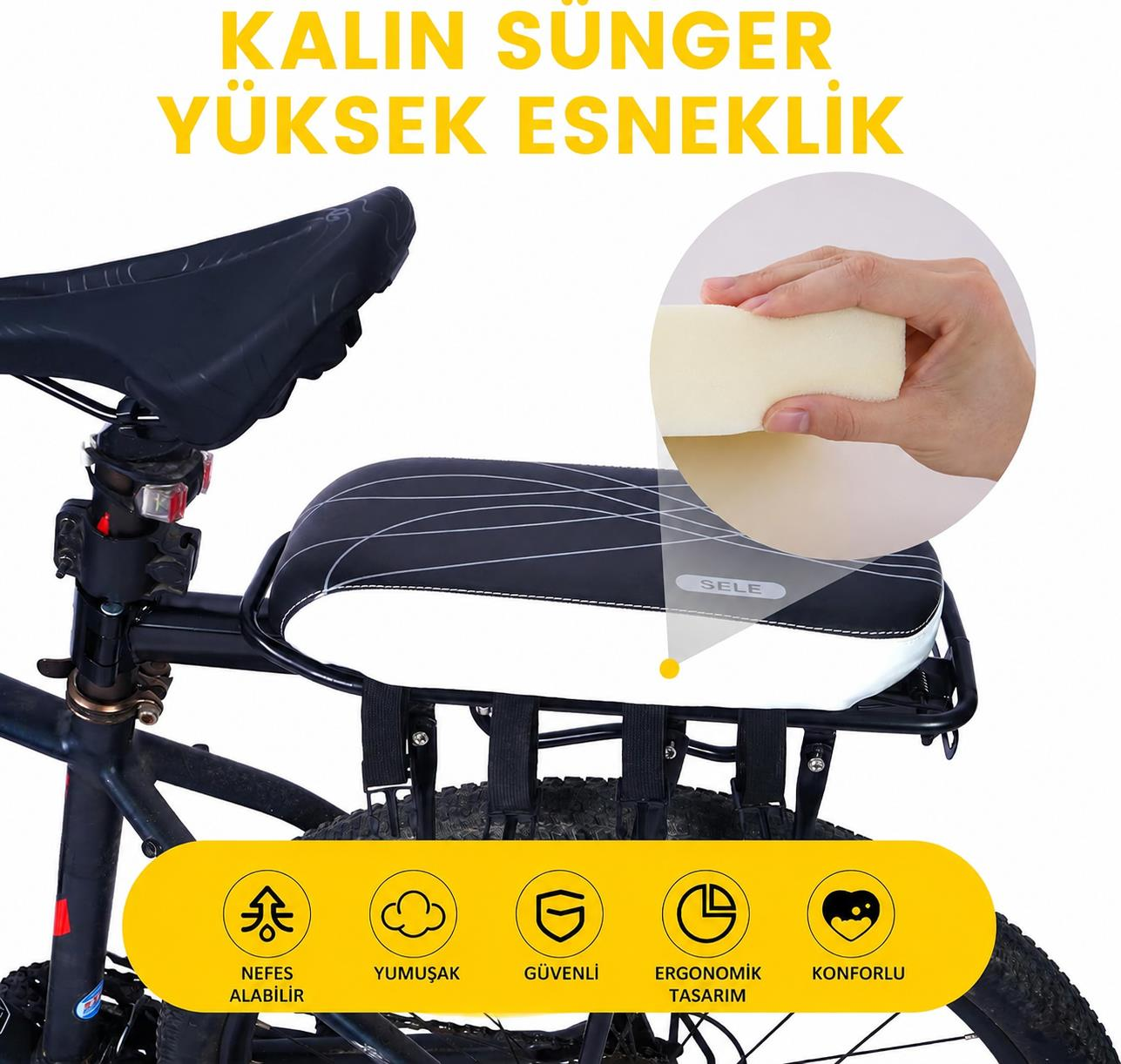 Beyaz çizgili siyah bisiklet selesi, köpük örneği ve simgelerle gösterilmiştir.