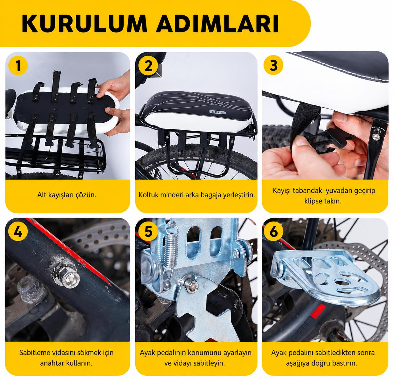 Bisiklet pedalı montajı için adım adım kılavuz, aletler ve klipsler kullanarak.