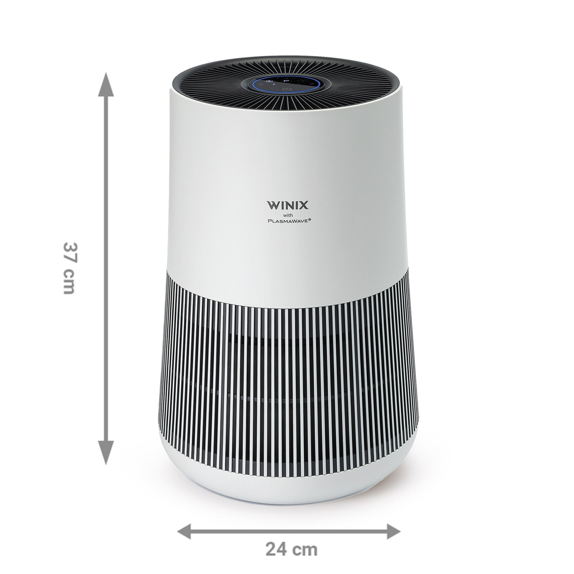 Purificatore d'aria bianco Winix con motivo a griglia nero in basso. A: 37cm, L: 24cm.