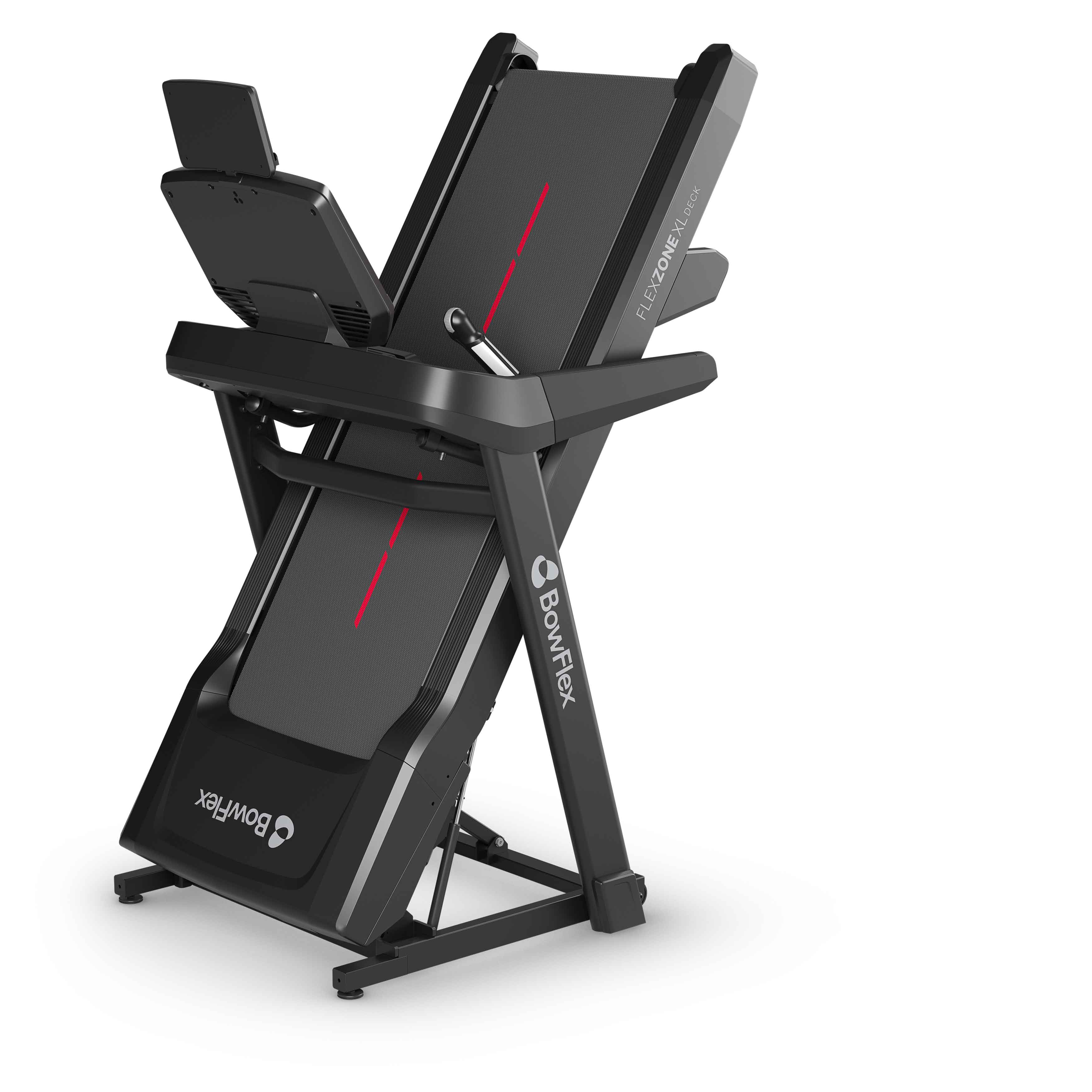 Cinta de correr negra con línea roja y logo de Bowflex, sobre fondo blanco.