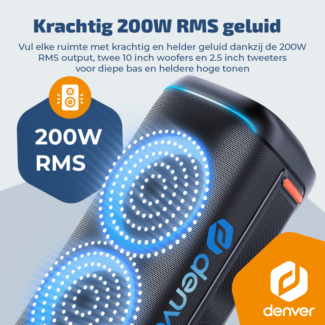 Zwarte luidspreker met blauwe lichteffecten, 200W RMS.