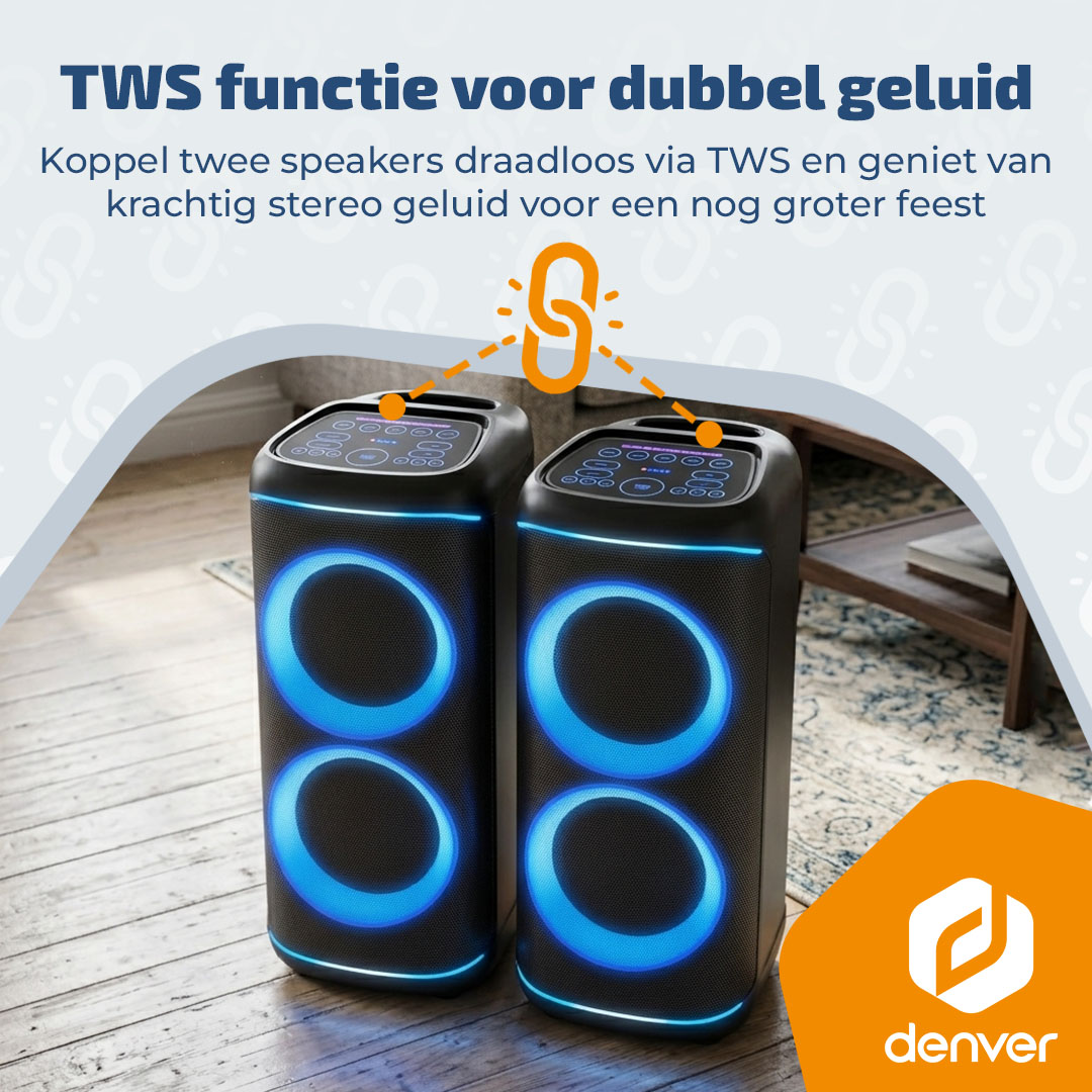 Twee zwarte speakers met blauwe ringen, draadloos verbonden.