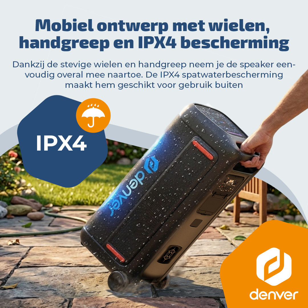 Een zwarte Denver speaker met wielen en handgreep wordt buiten gedragen.