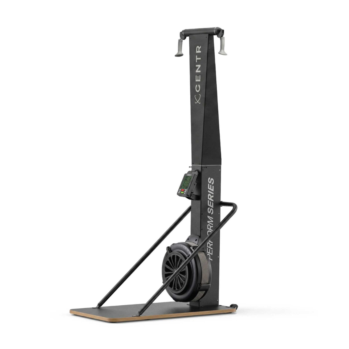 Black exercise machine with handles, screen, and wheel.