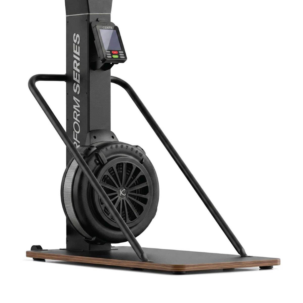 A black rowing machine with a wooden base and fan wheel. A screen is at the top.