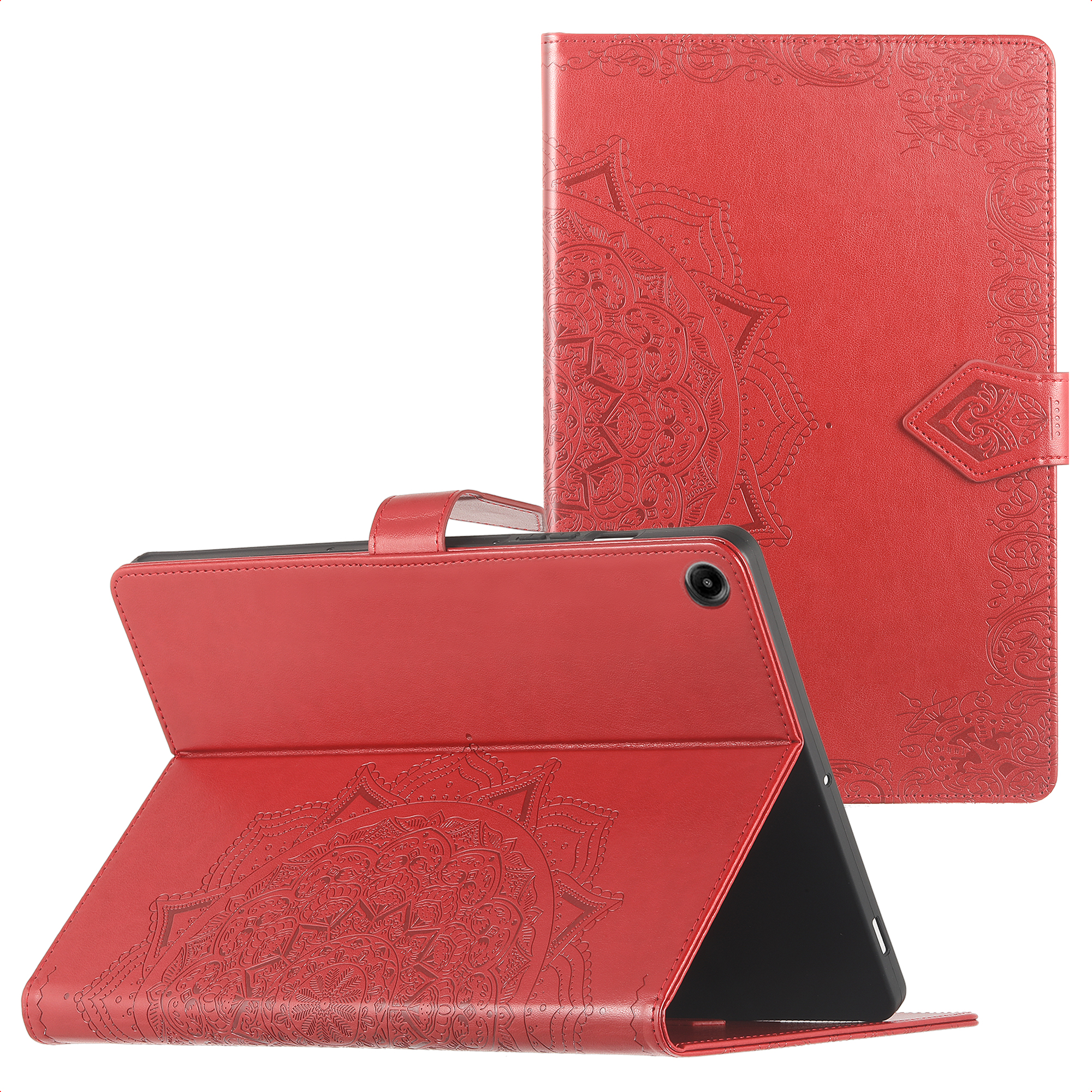 Red tablet case with embossed mandala design, shown open and closed.