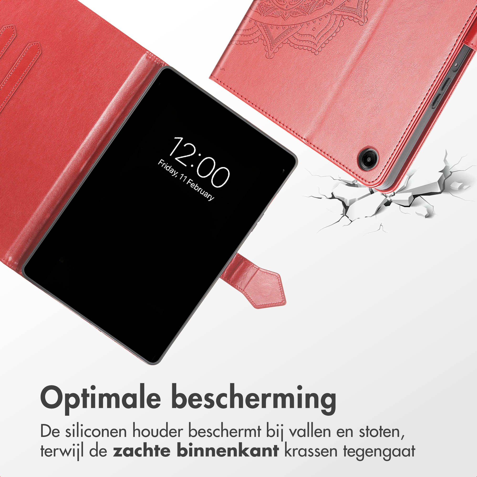 Red tablet case with mandala pattern, showing 12:00 time.