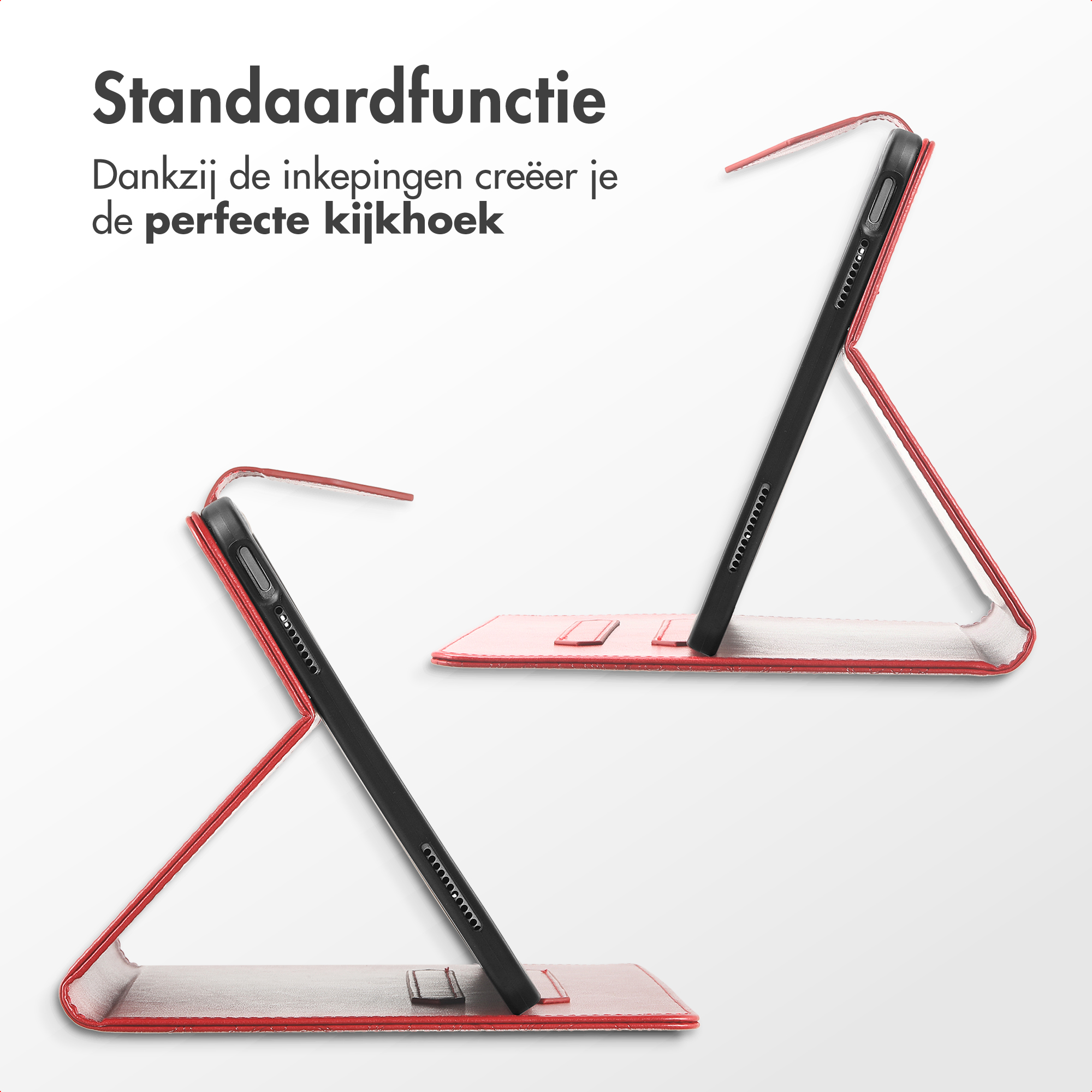 Red tablet case in stand mode, showing top and bottom views.