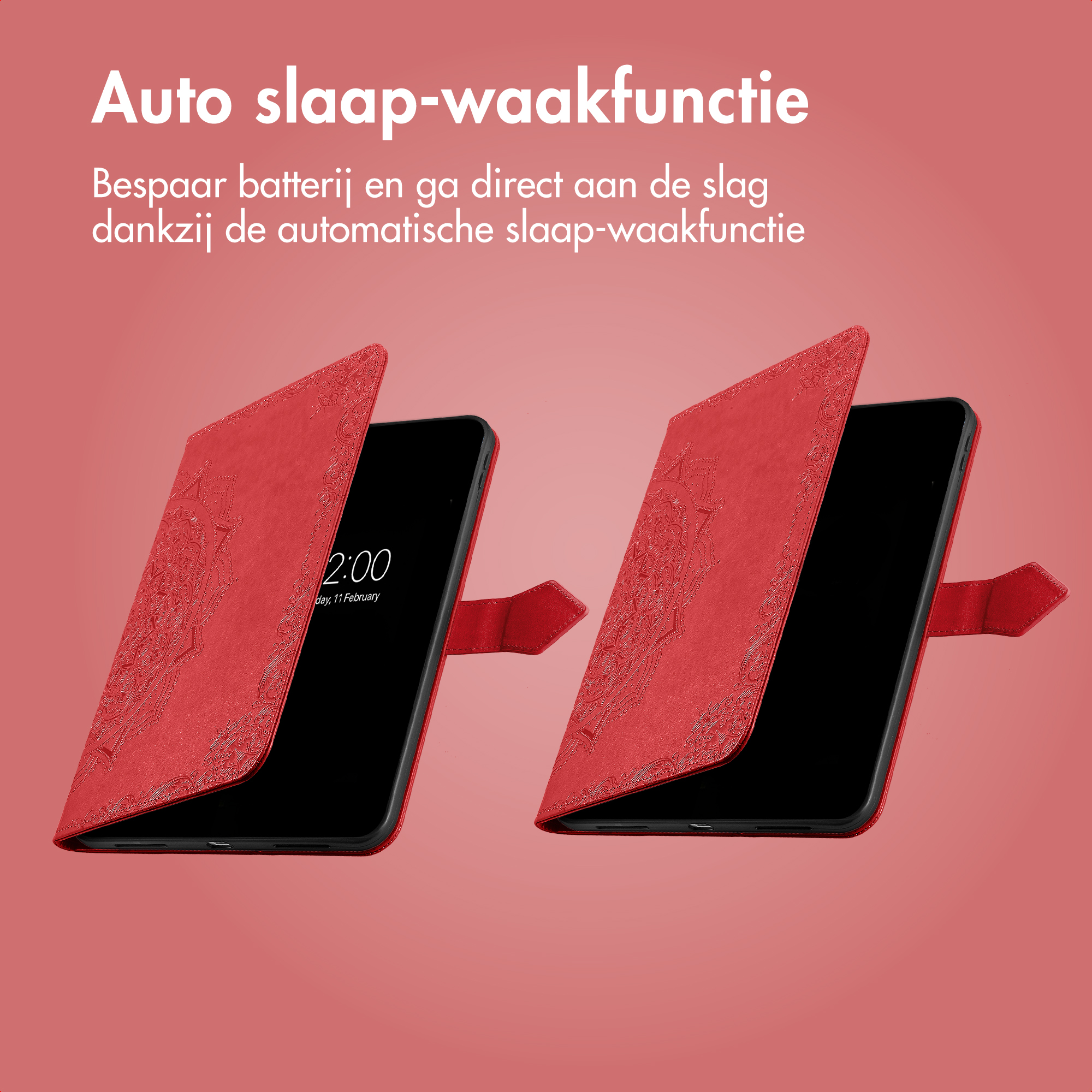 Two red patterned phone cases, one showing 2:00.