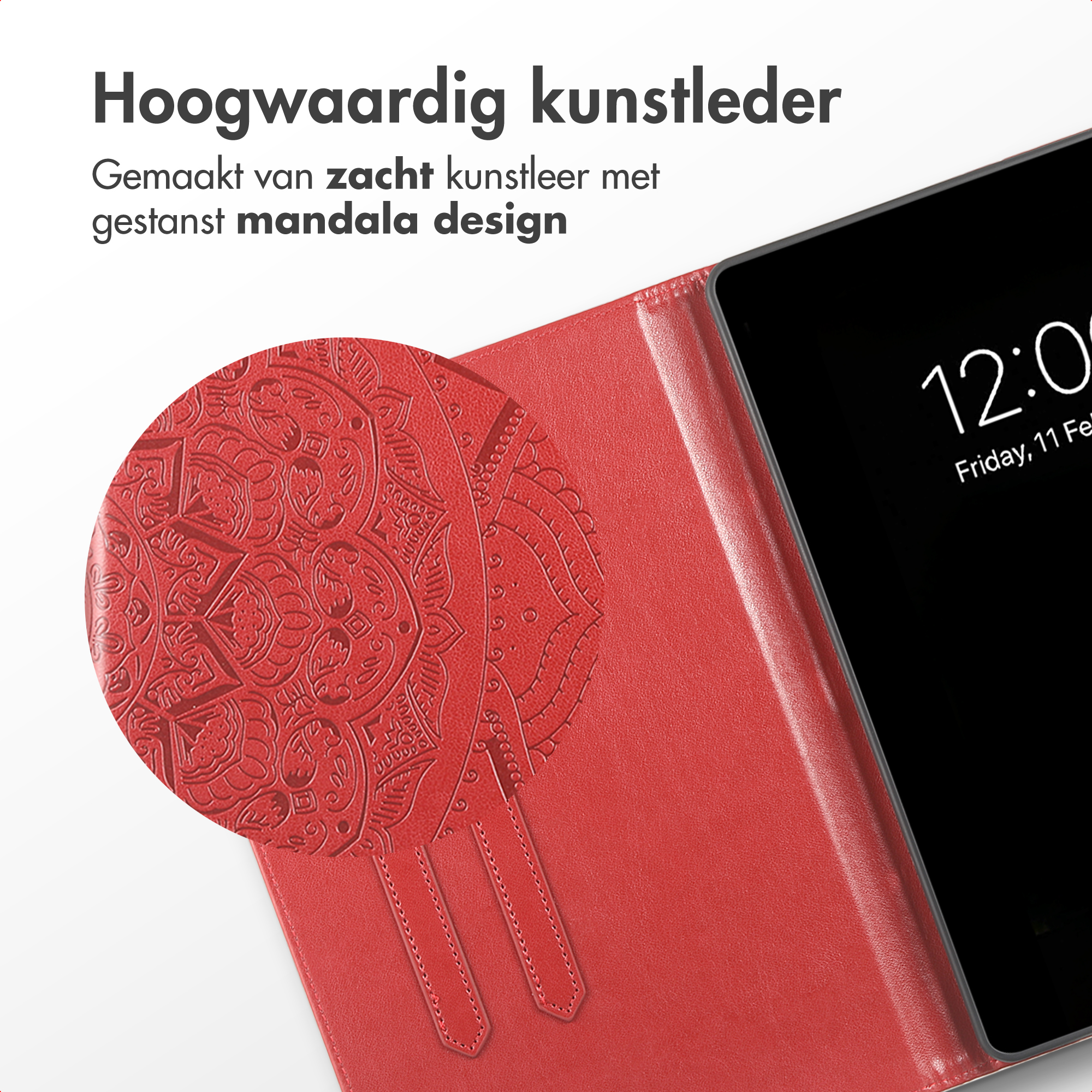 Red faux leather case with embossed mandala design and tablet screen with time.
