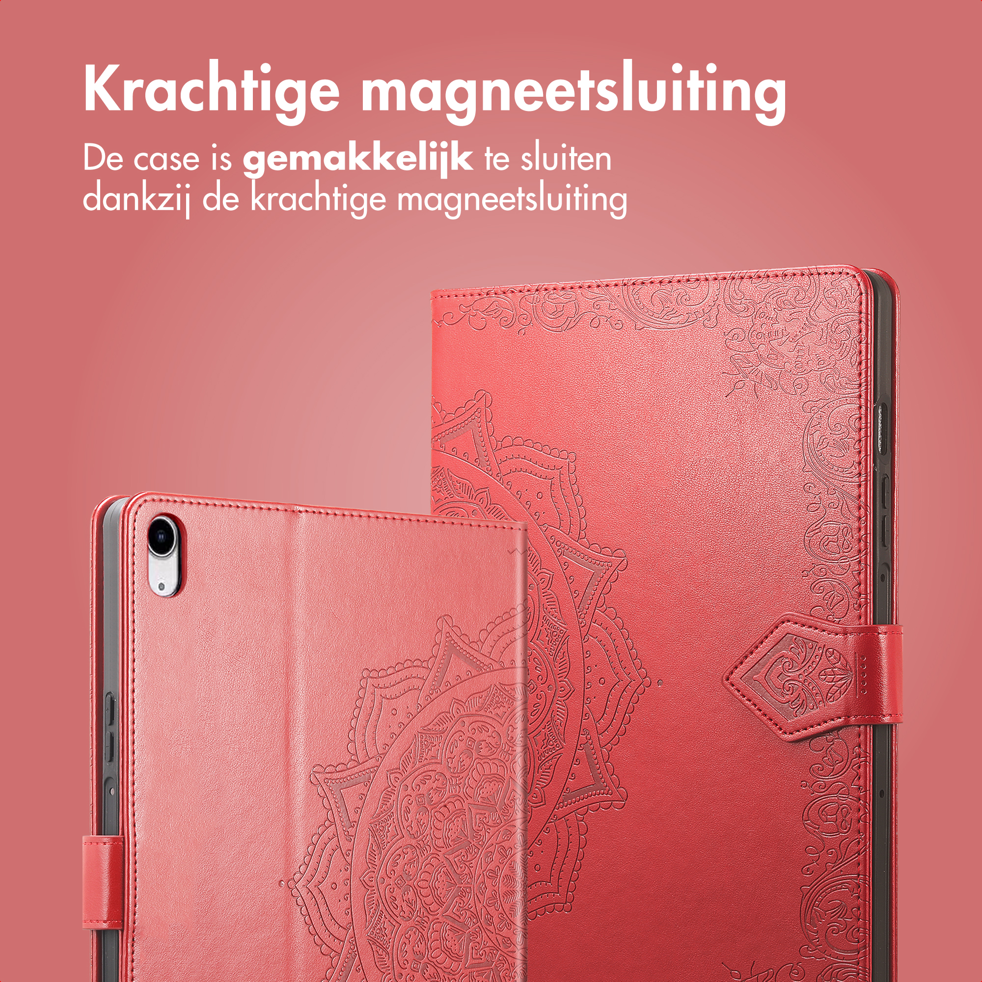 Red tablet case with embossed mandala design and magnetic closure.