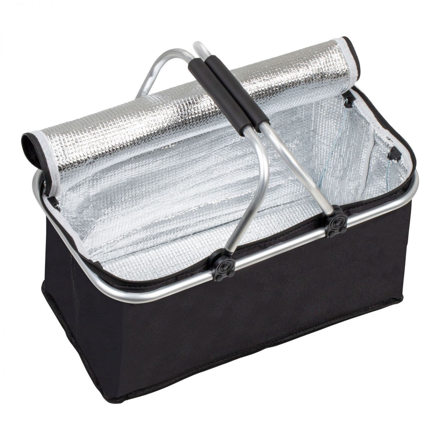 Czarna torba termiczna z srebrnym, izolowanym wnętrzem i aluminiowymi uchwytami.