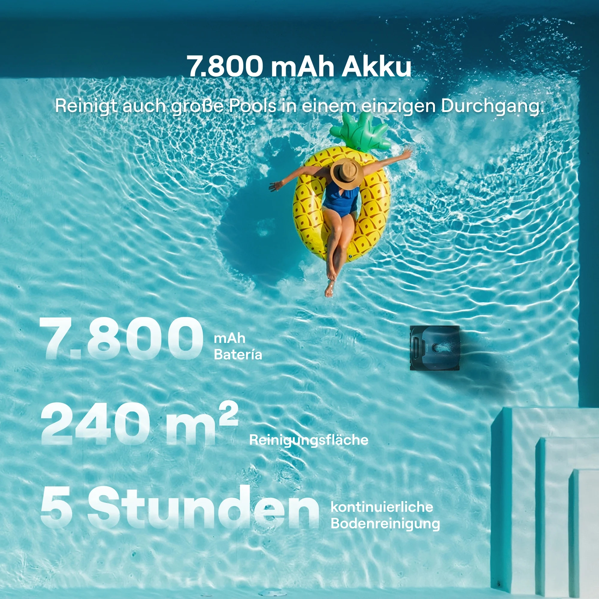 Ein Poolroboter reinigt einen Pool, während eine Person auf einem Ananas-Schwimmring liegt.
