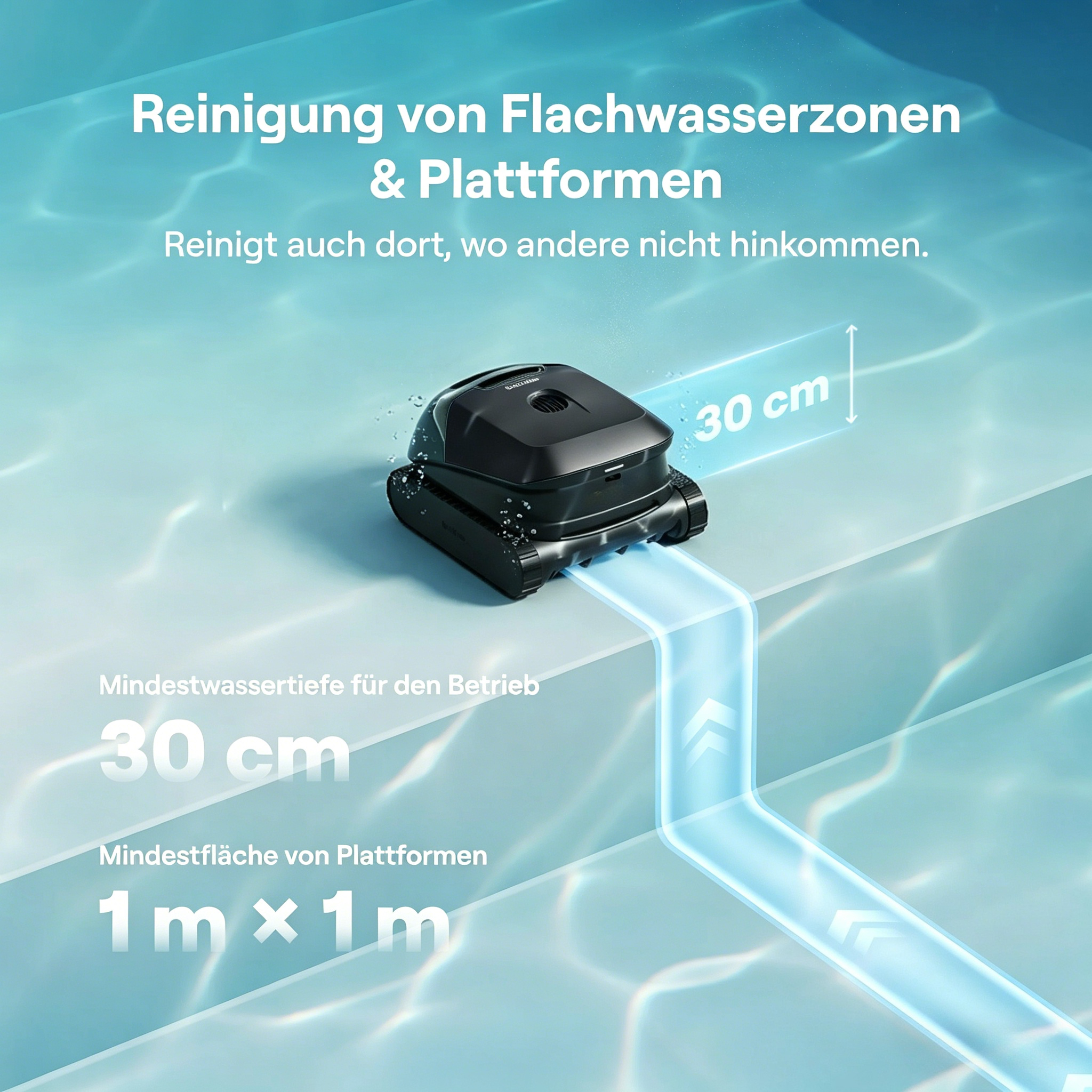 Ein schwarzer Poolreiniger auf einer Stufe bei 30 cm Mindesttiefe.