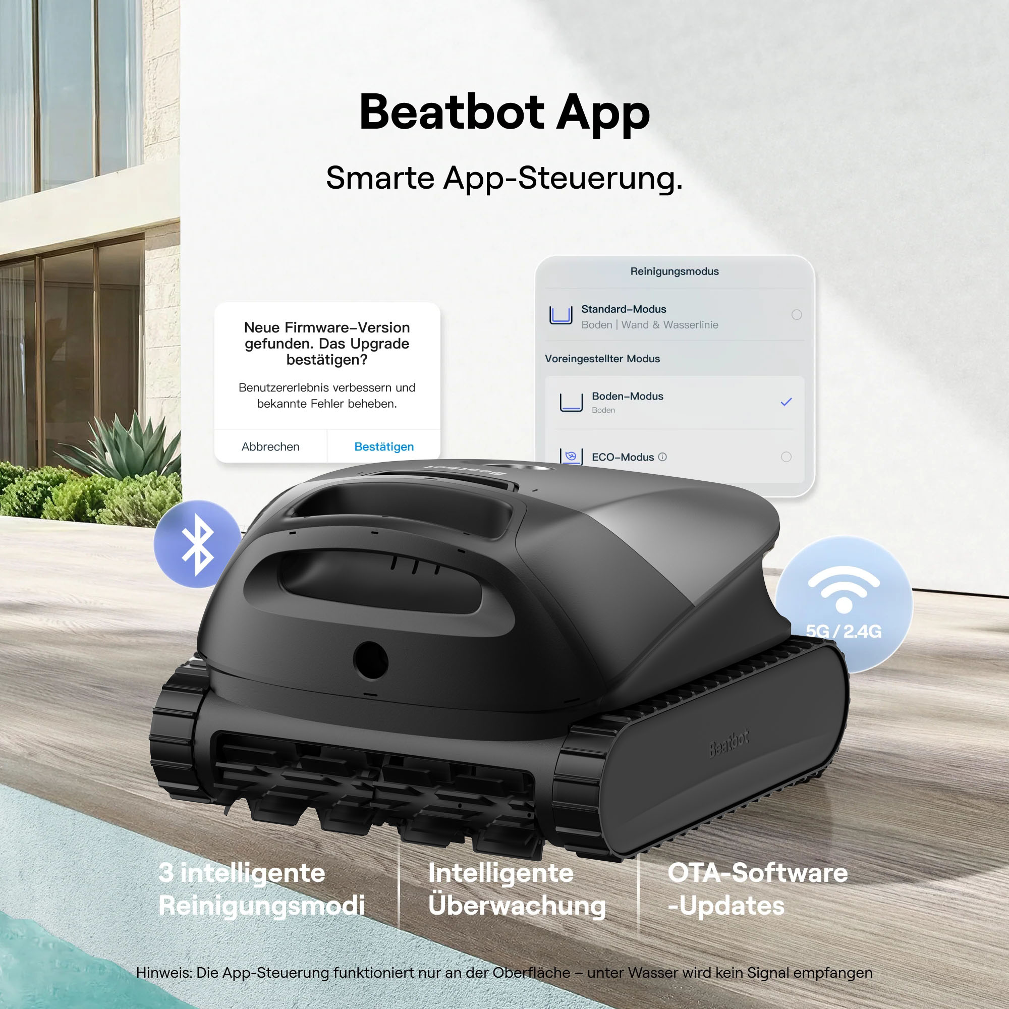Schwarzer Poolreiniger mit App-Bedienung, zeigt Reinigungsmodi und Updates an.
