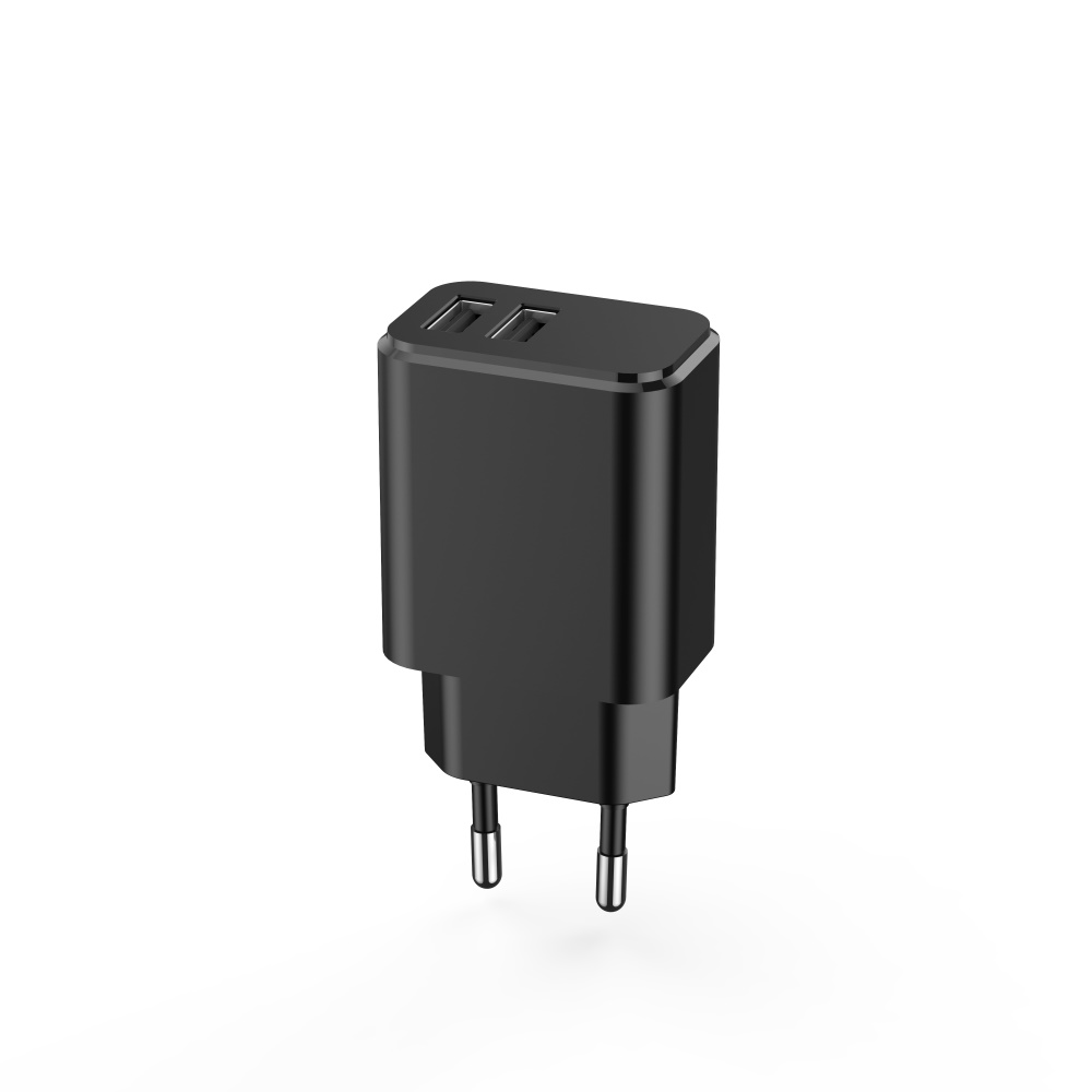 Adattatore caricabatterie USB nero a doppia porta con due pin metallici.