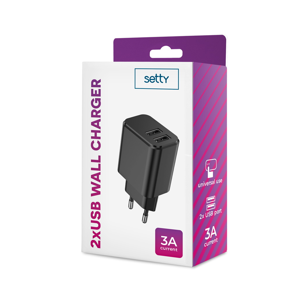 Caricatore da muro USB doppio nero Setty, 3A.