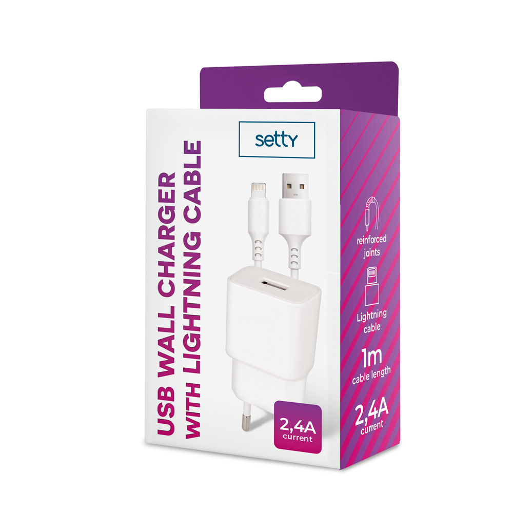 Biała ścienna ładowarka USB z kablem lightning i prądem 2,4A.