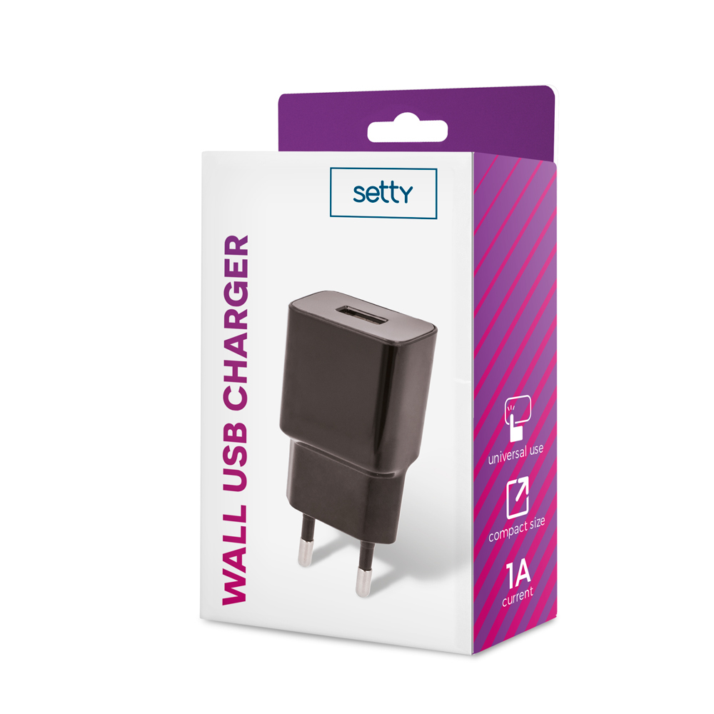Czarna ładowarka ścienna USB Setty w białym pudełku. Ma prąd 1A.