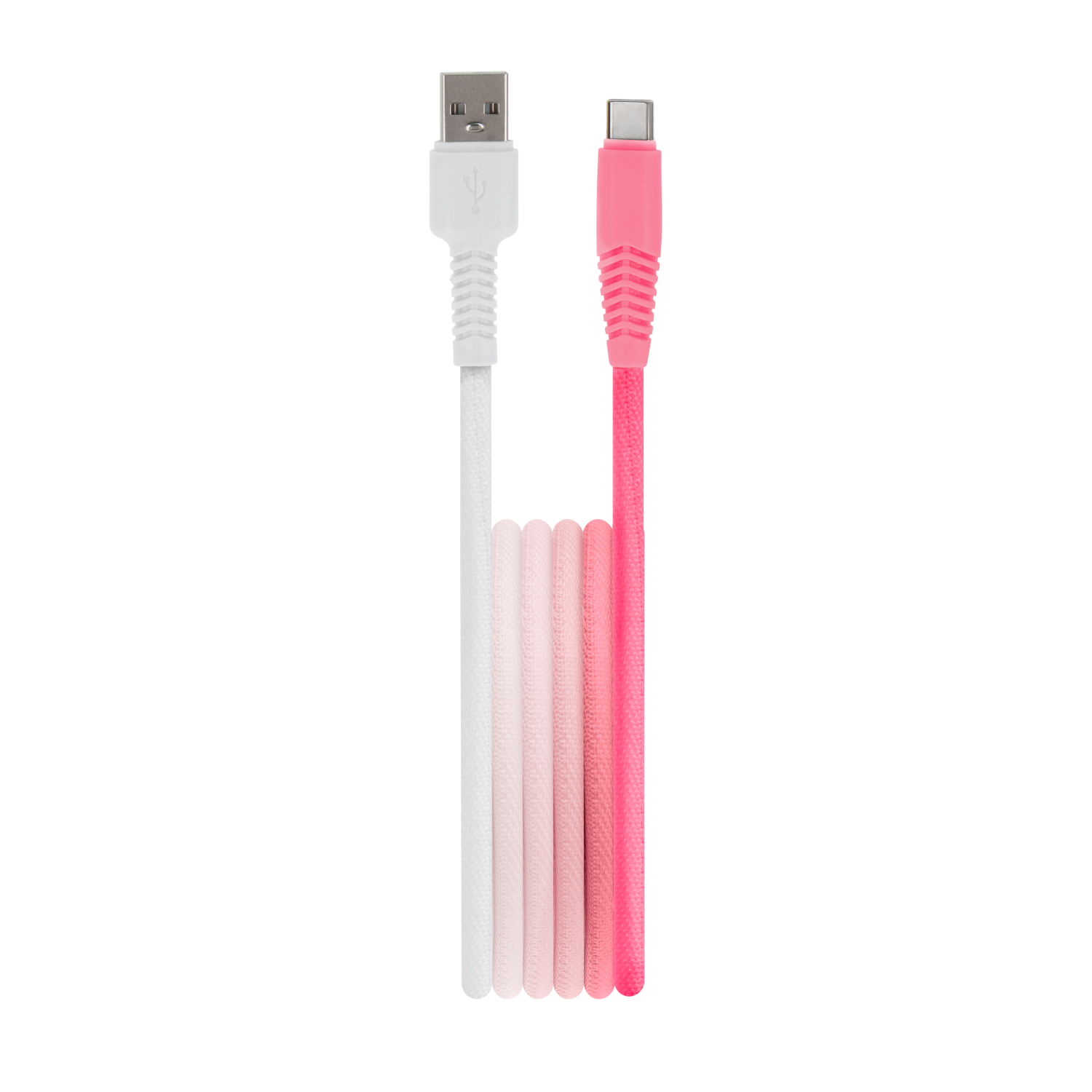 Biały kabel USB-A i różowy kabel USB-C, obok siebie na białym tle.
