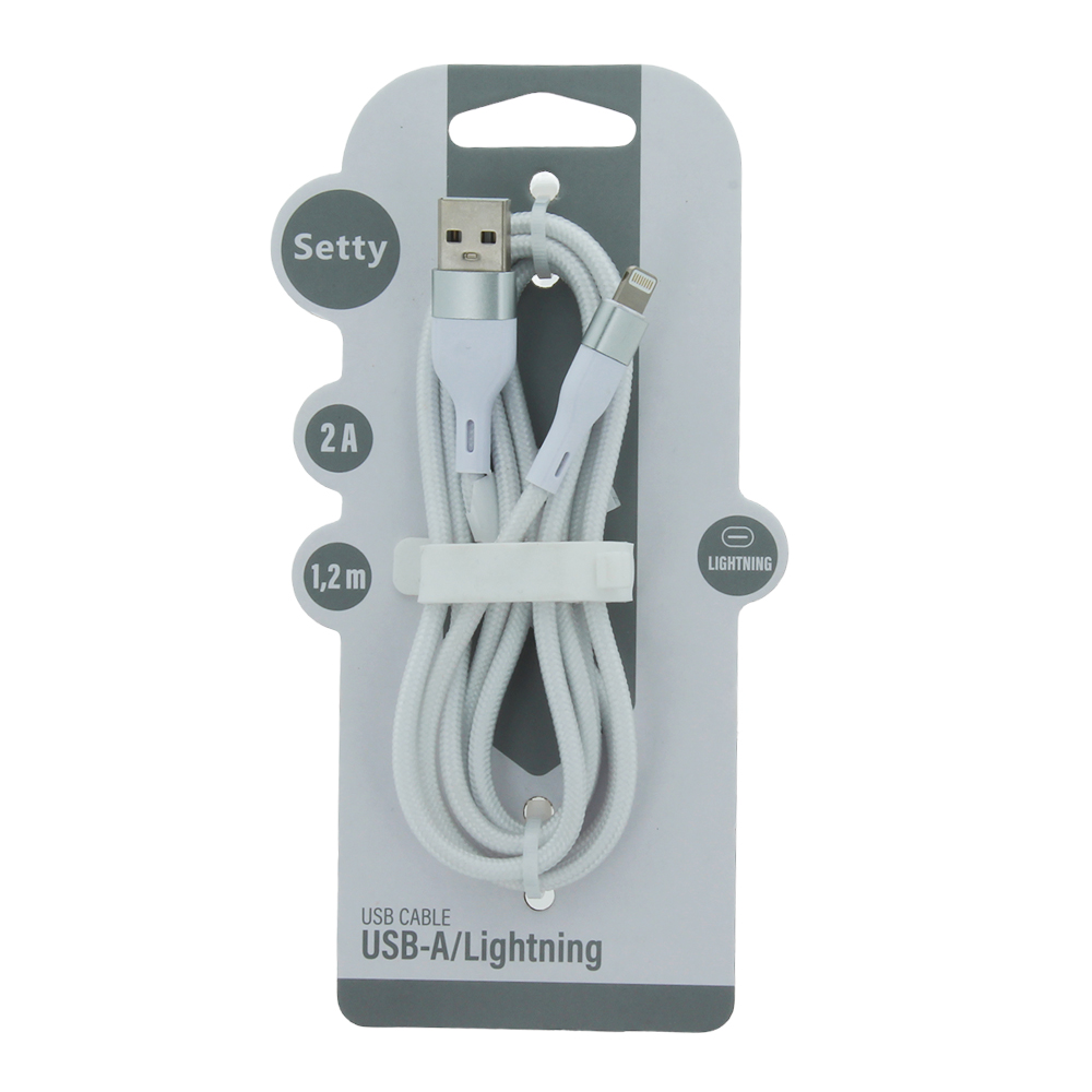 Cavo Setty USB-A a Lightning bianco, 1,2m, 2A, su confezione.