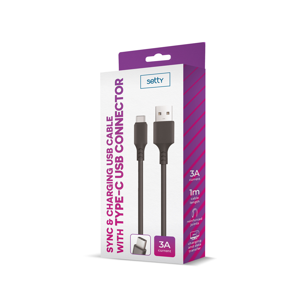 Opakowanie kabla USB-C Setty z czarnym kablem, prąd 3A.