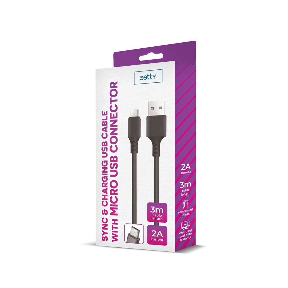 Cavo USB Setty di sincronizzazione e ricarica con micro USB, 3m, 2A.