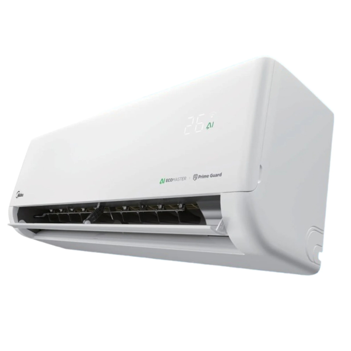 Un aire acondicionado blanco con las rejillas abiertas y pantalla digital.