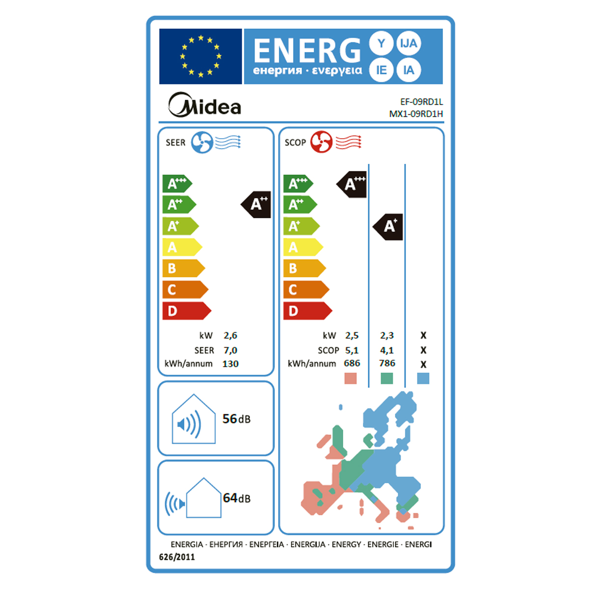Etiqueta de eficiencia energética para aire acondicionado con clasificación SEER/SCOP y nivel de ruido.