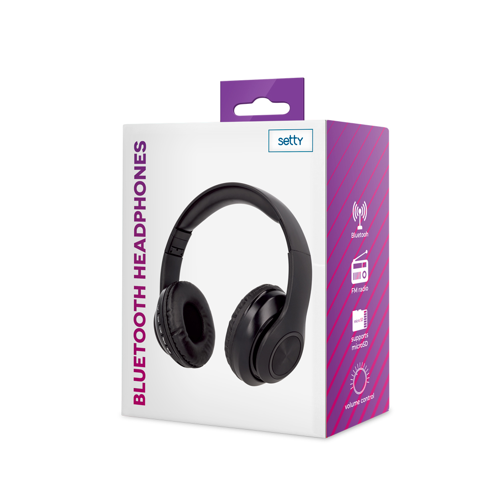 Opakowanie produktu z czarnymi słuchawkami Bluetooth i logo Setty.