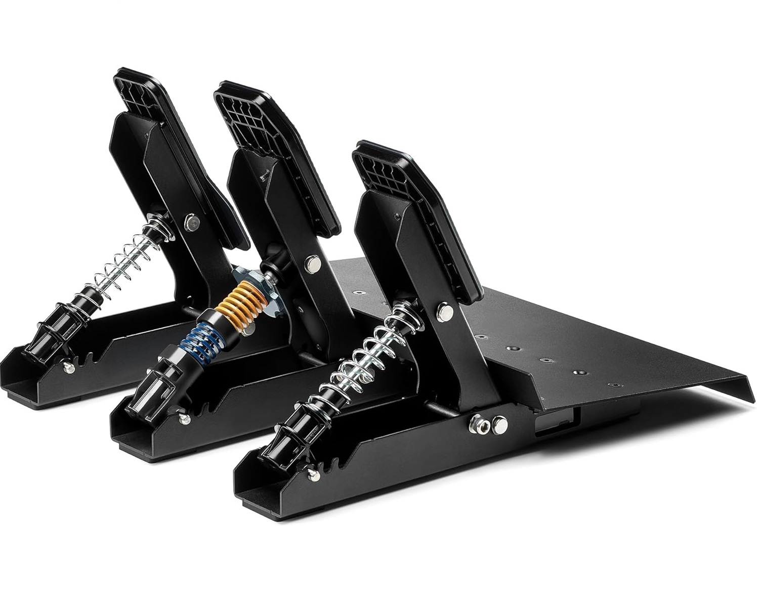 Zwarte gaming pedalen met veren en metalen basis, geïsoleerd op witte achtergrond.