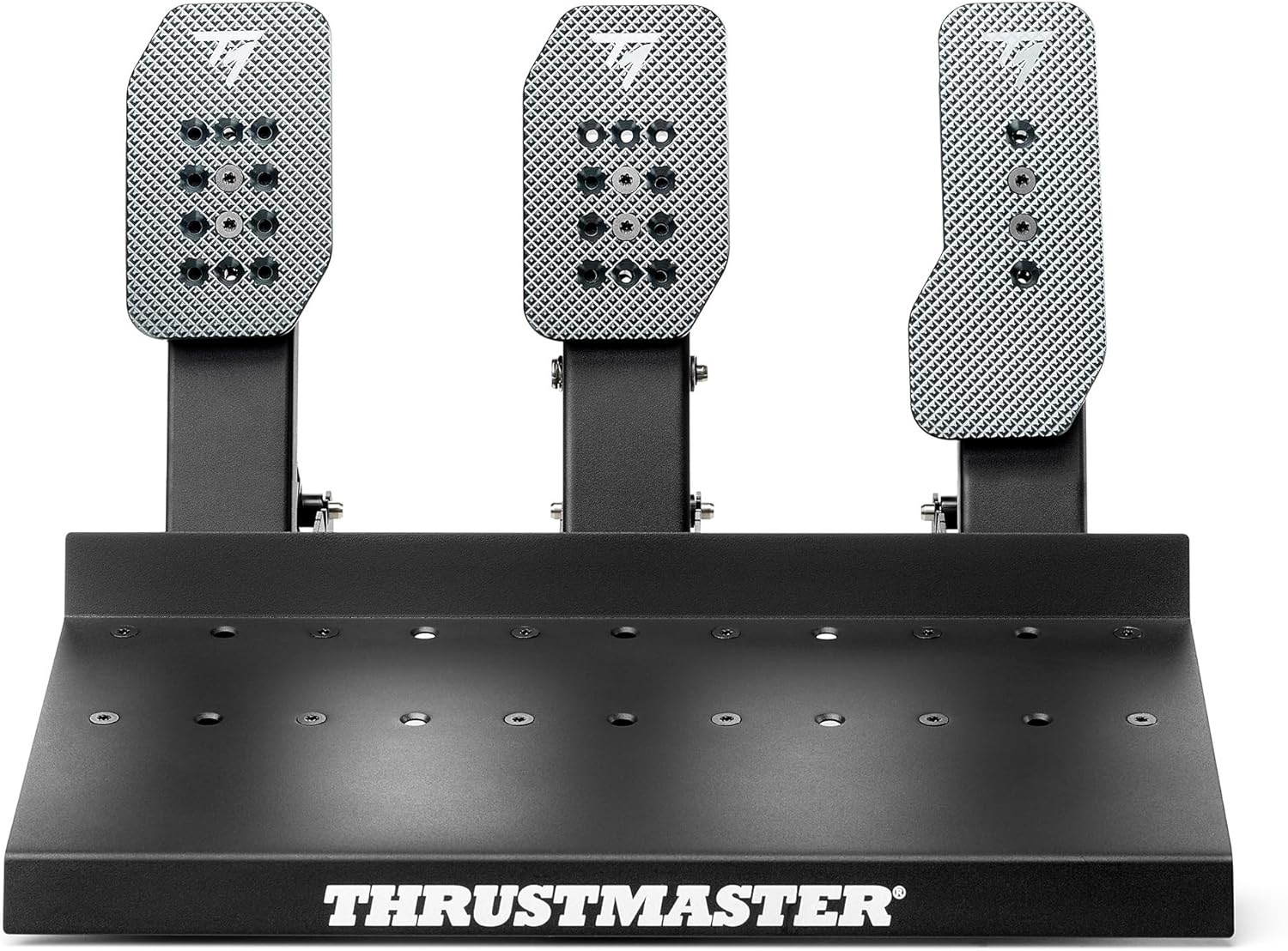 Een zwarte Thrustmaster racepedaalset met drie gestructureerde metalen pedalen op zwarte standaarden.