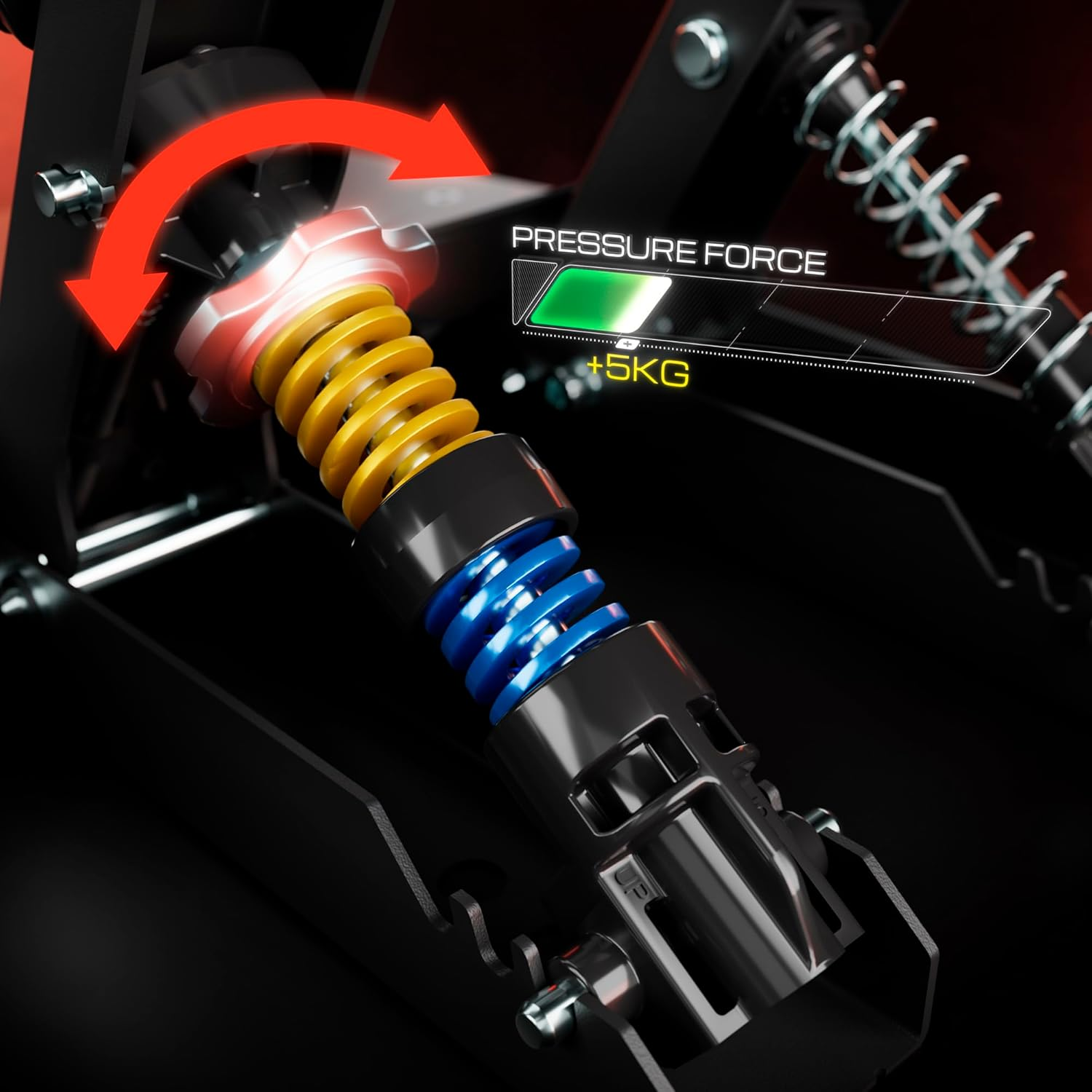 Close-up van een mechanisch apparaat met gele en blauwe veren, met druk kracht uitlezing.