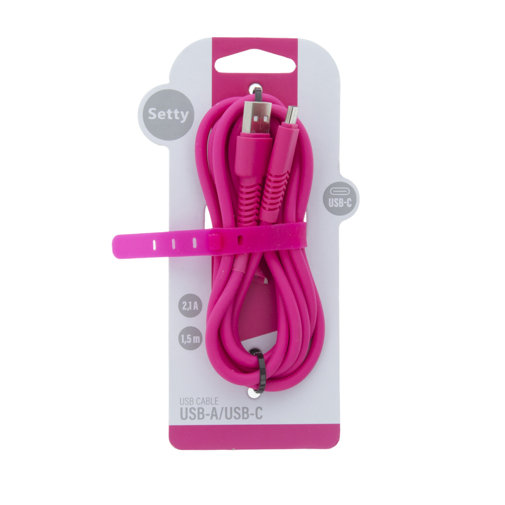 Różowy kabel USB-A do USB-C ze złączami, w opakowaniu.