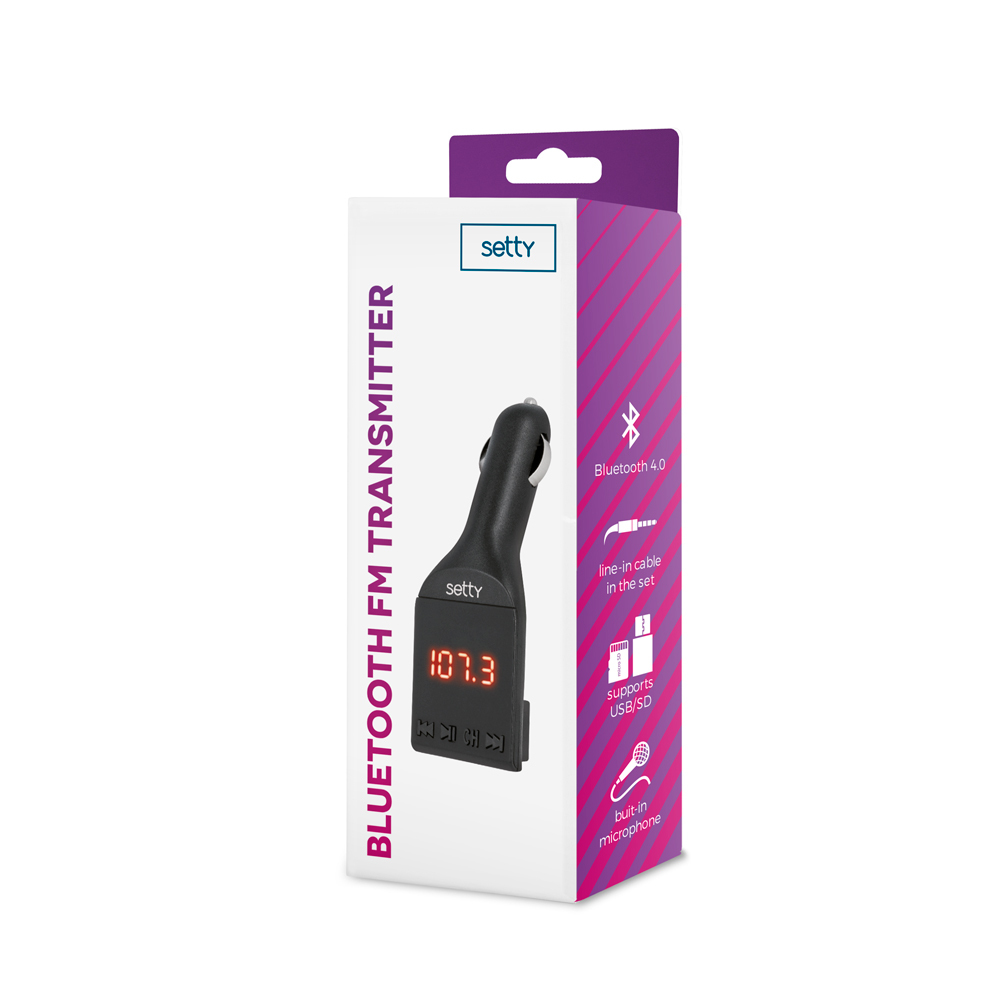 Nadajnik FM Bluetooth Setty z wyświetlaczem 107.3 i wtyczką ładowarki samochodowej.