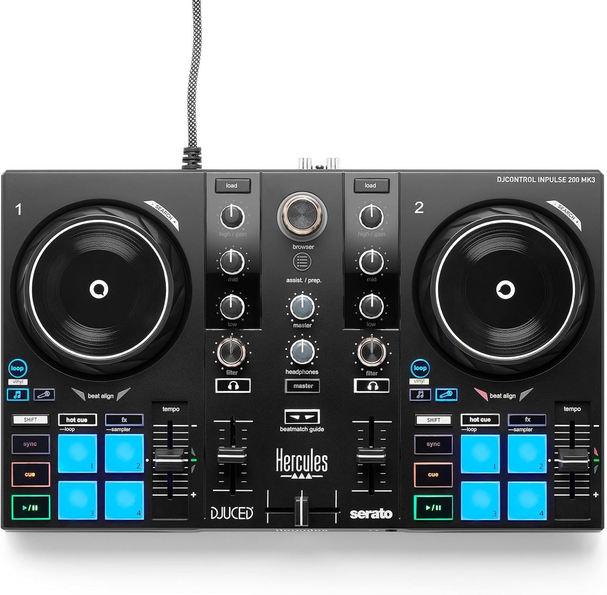 A black DJ controller with two decks, jog wheels, knobs, and pads.