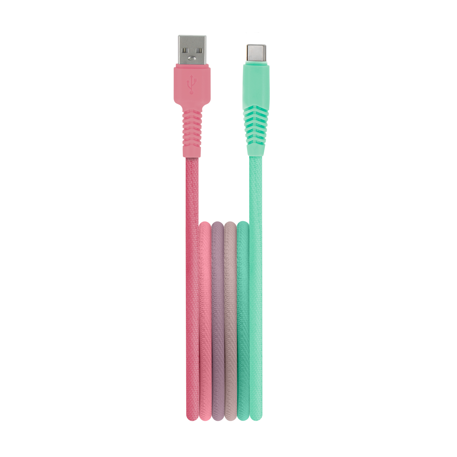 Różowy kabel USB-A i zielony kabel USB-C obok siebie na białym tle.
