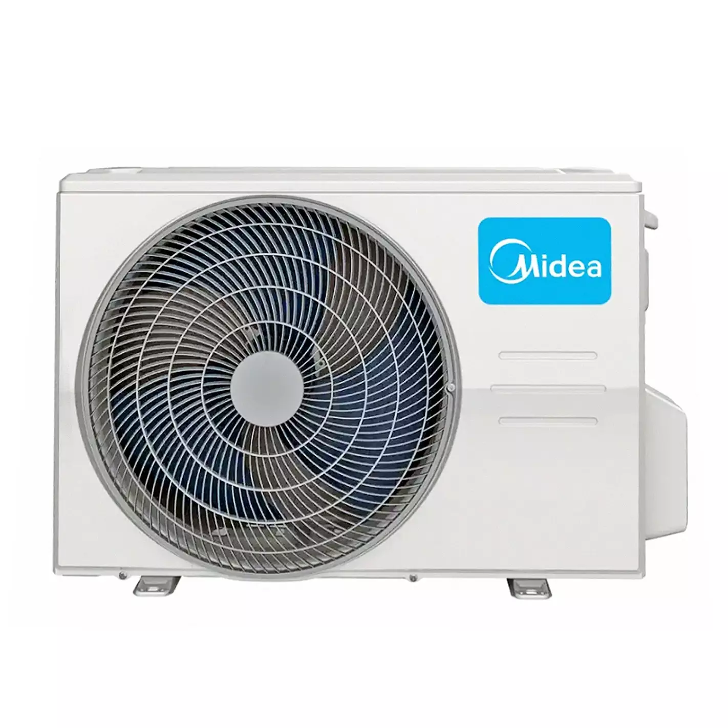 Una unidad exterior de aire acondicionado blanca con un logo de Midea a la derecha.