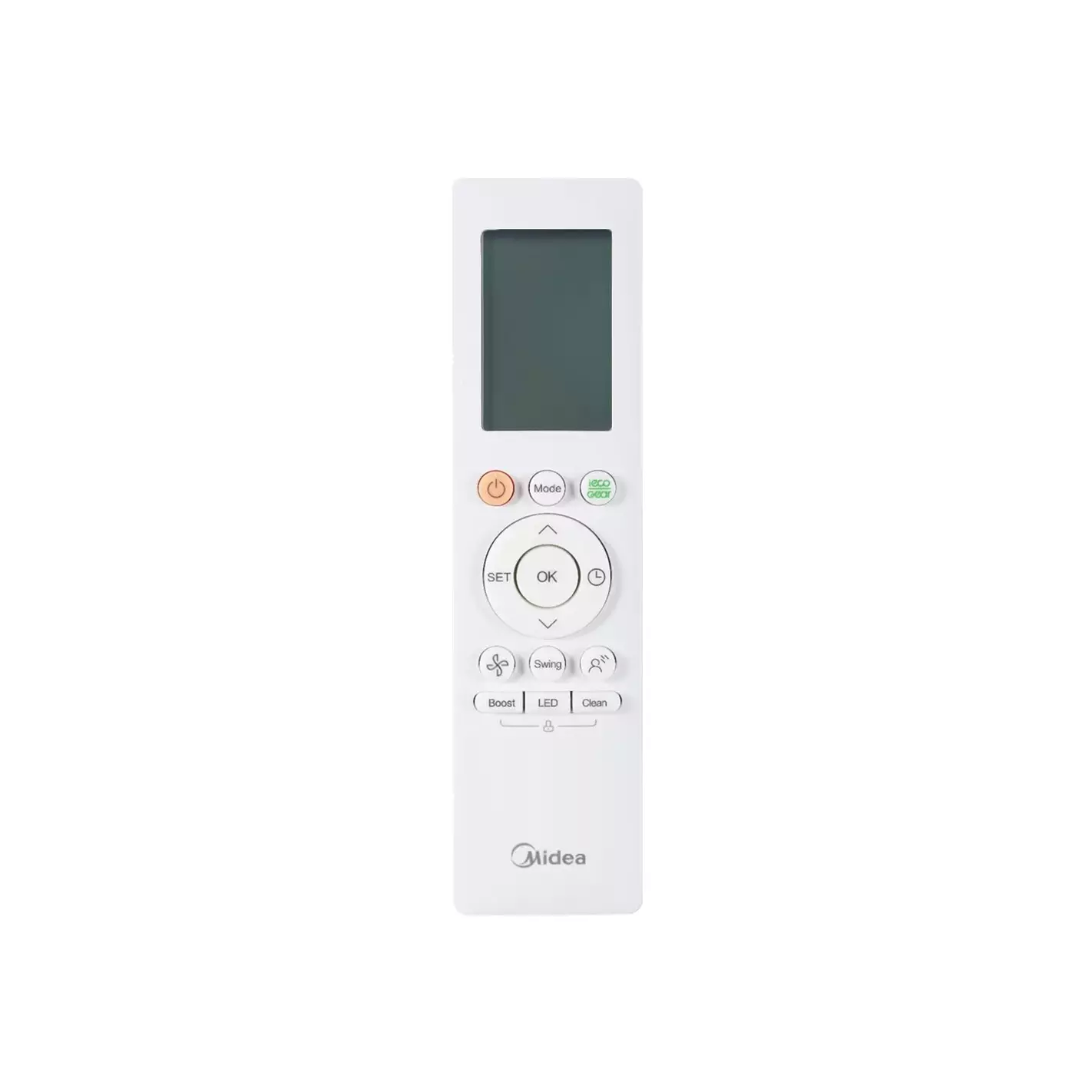 Un mando a distancia blanco para aire acondicionado con pantalla y botones.