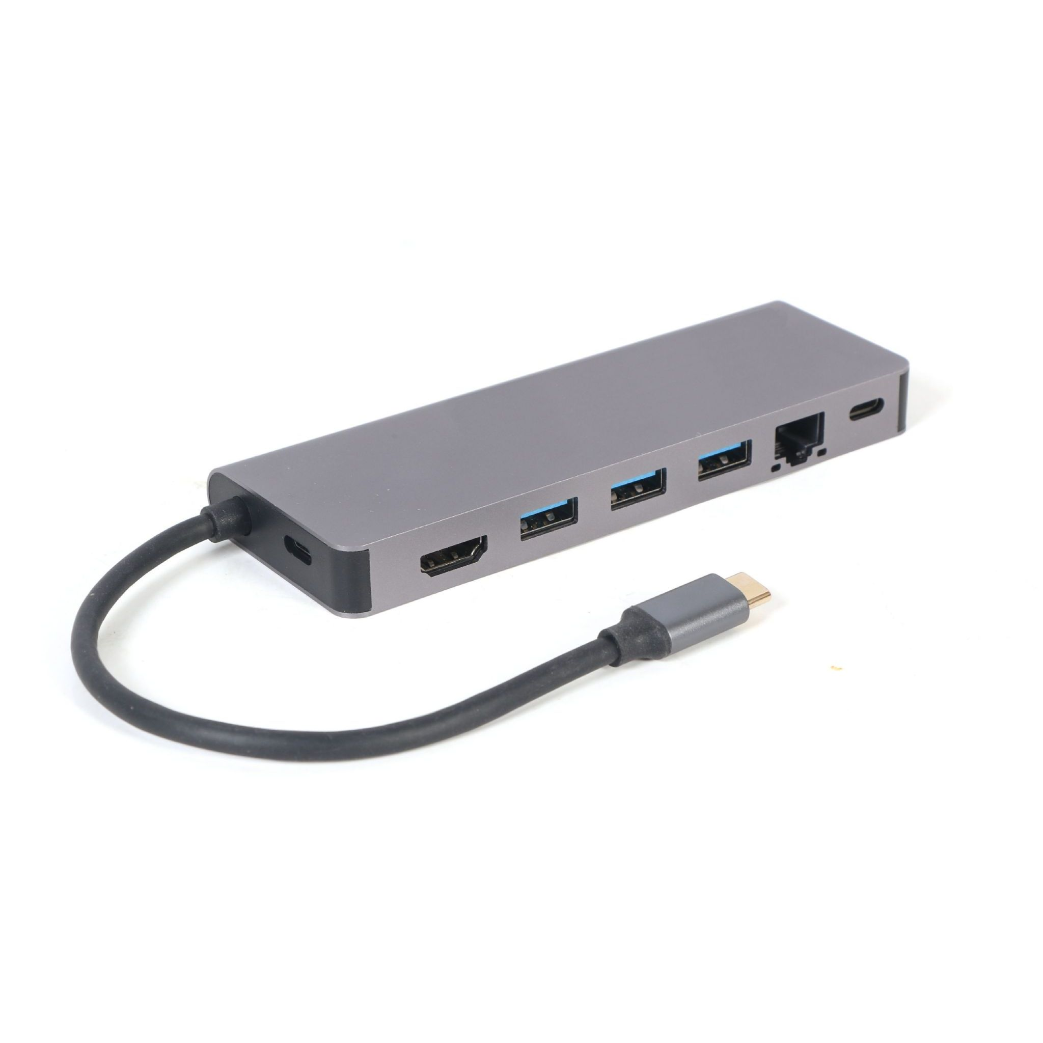 Grijze USB-C hub met HDMI-, USB-A-, Ethernet- en USB-C-poorten.